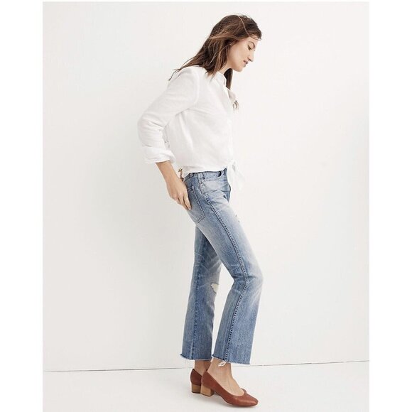 Madewell Rigid Demi Boot Crop Jean Size 26 Blue Mid Wash Raw Hem Distressed - Picture 1 of 7